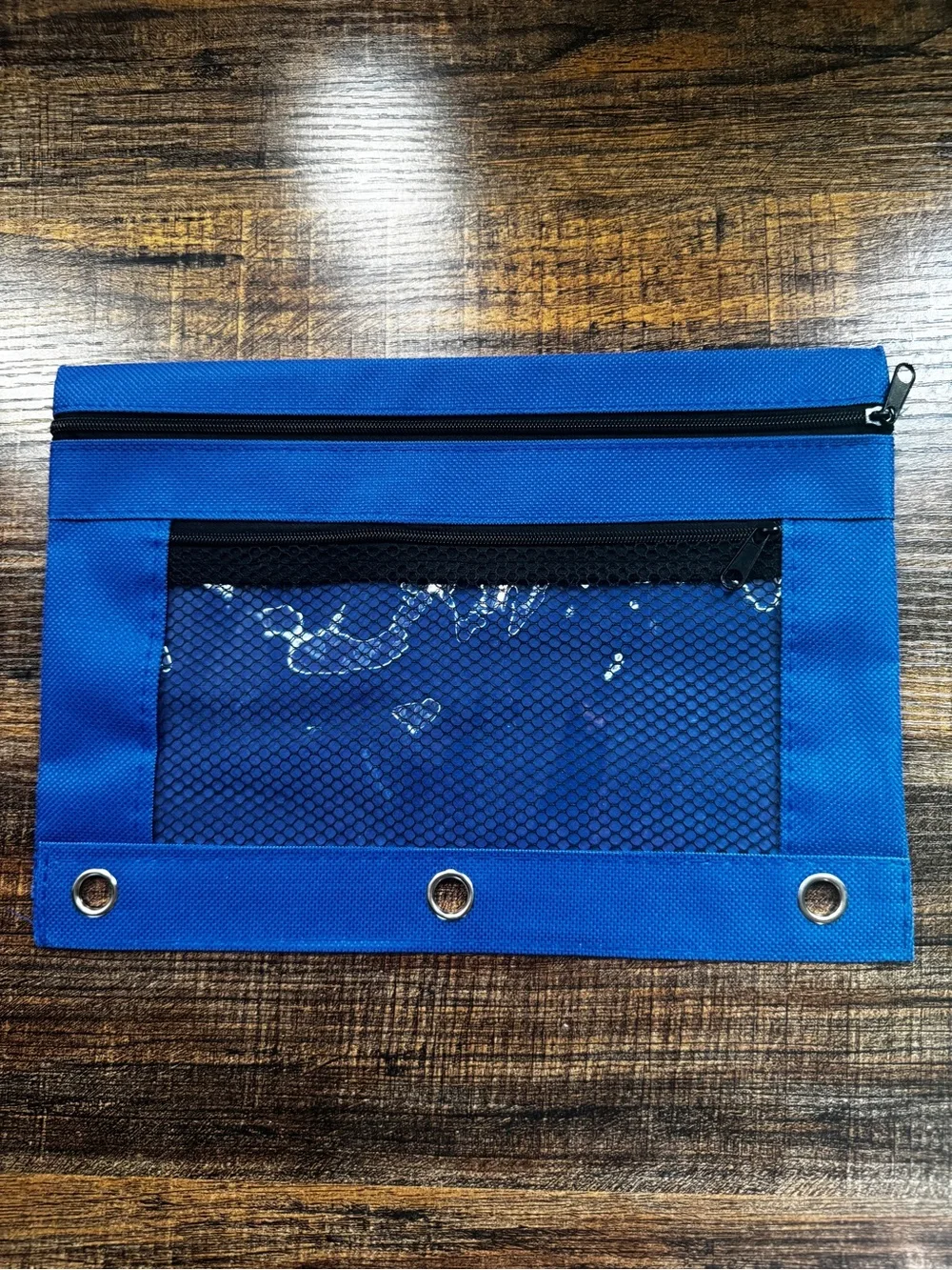 Blue 3-Ring Binder Pencil Pouch with Mesh Pocket & Zipper Closure